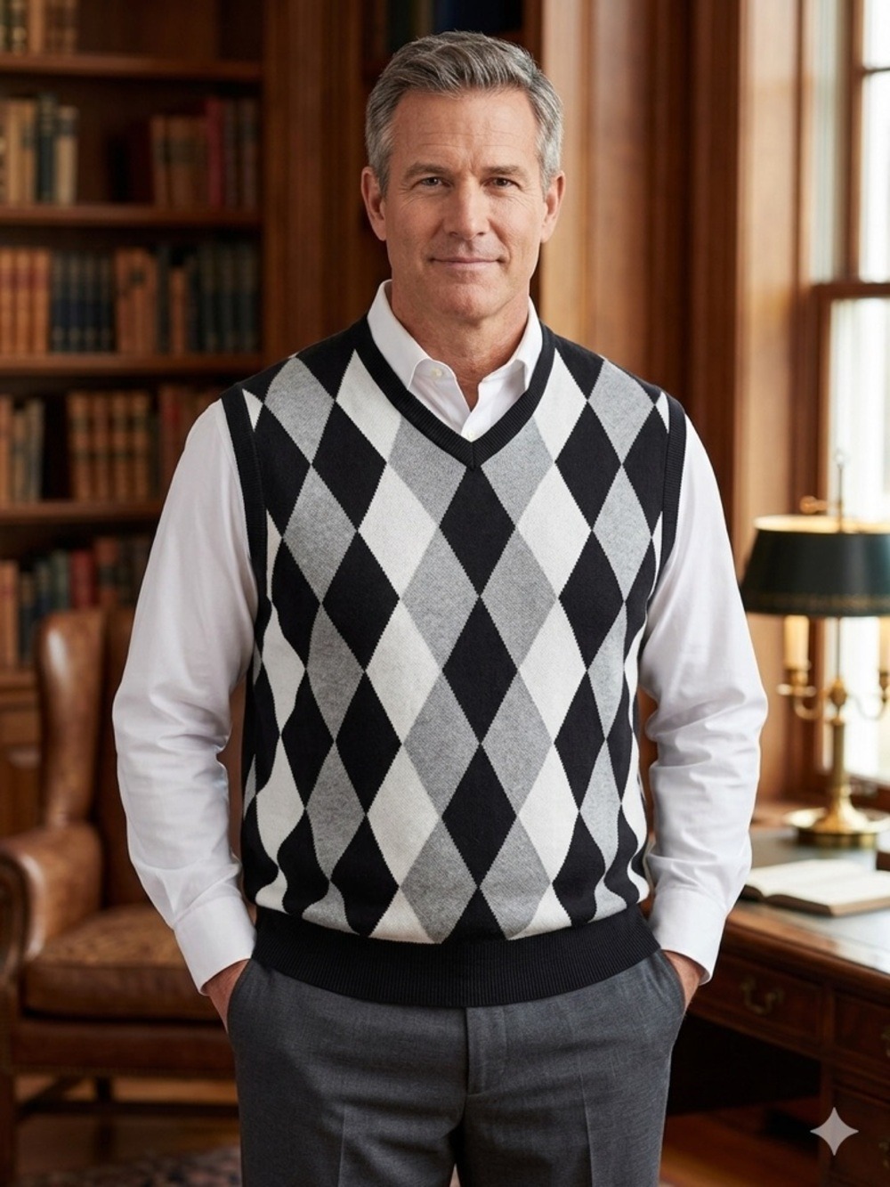 Classic Argyle V-Neck Sweater Vest Dark Academia Quiet Luxury Cotton Blend XL